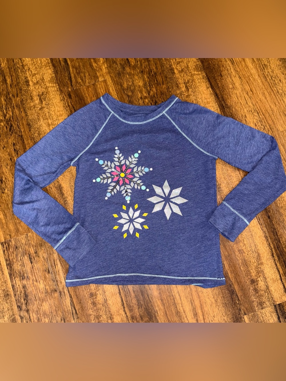 Cat & Jack Girls Snowflake Sequin Glitter Raglan Long Sleeve Tee Blue M 7/8